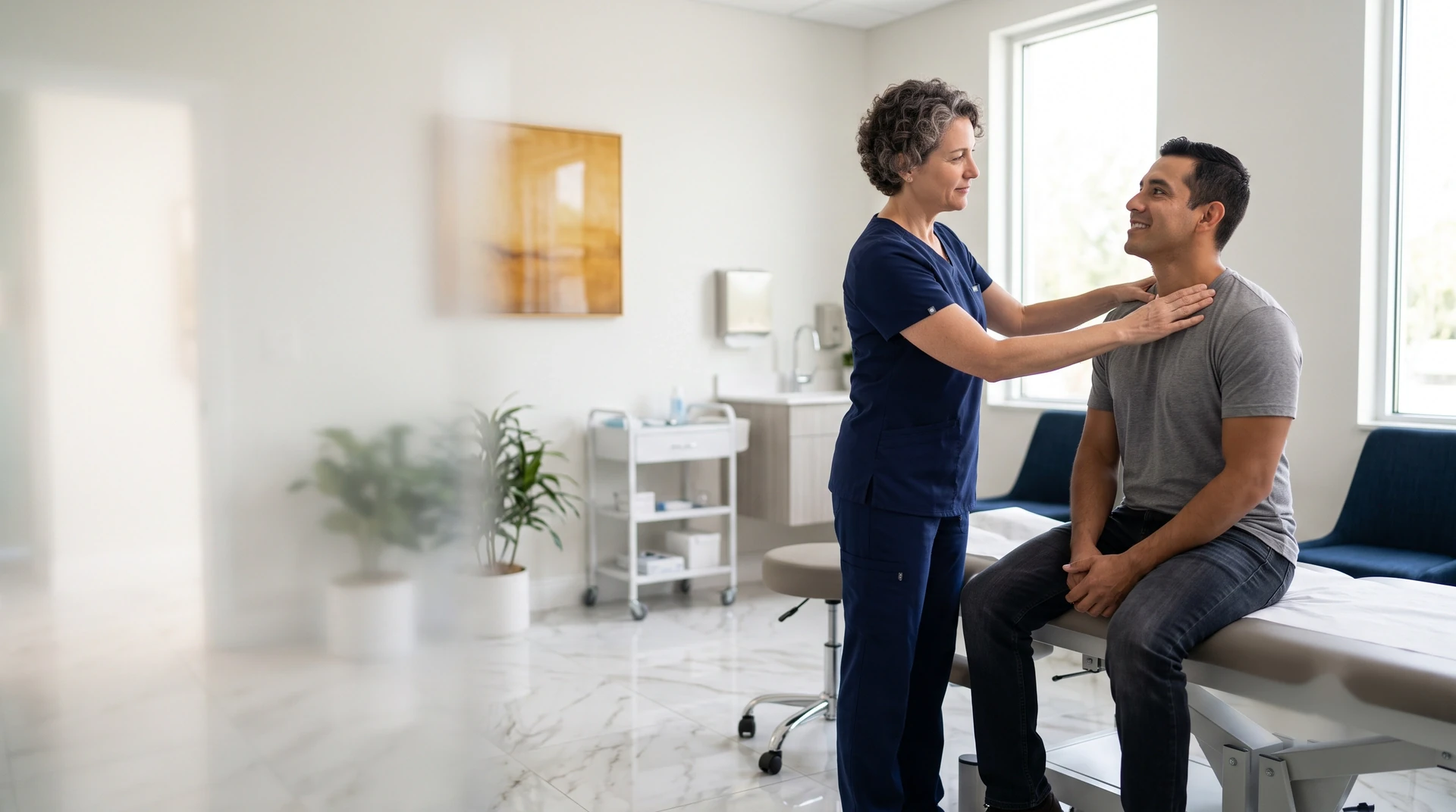 Physician examining a car accident patient's neck at Premium Auto Injury Clinic in Orlando