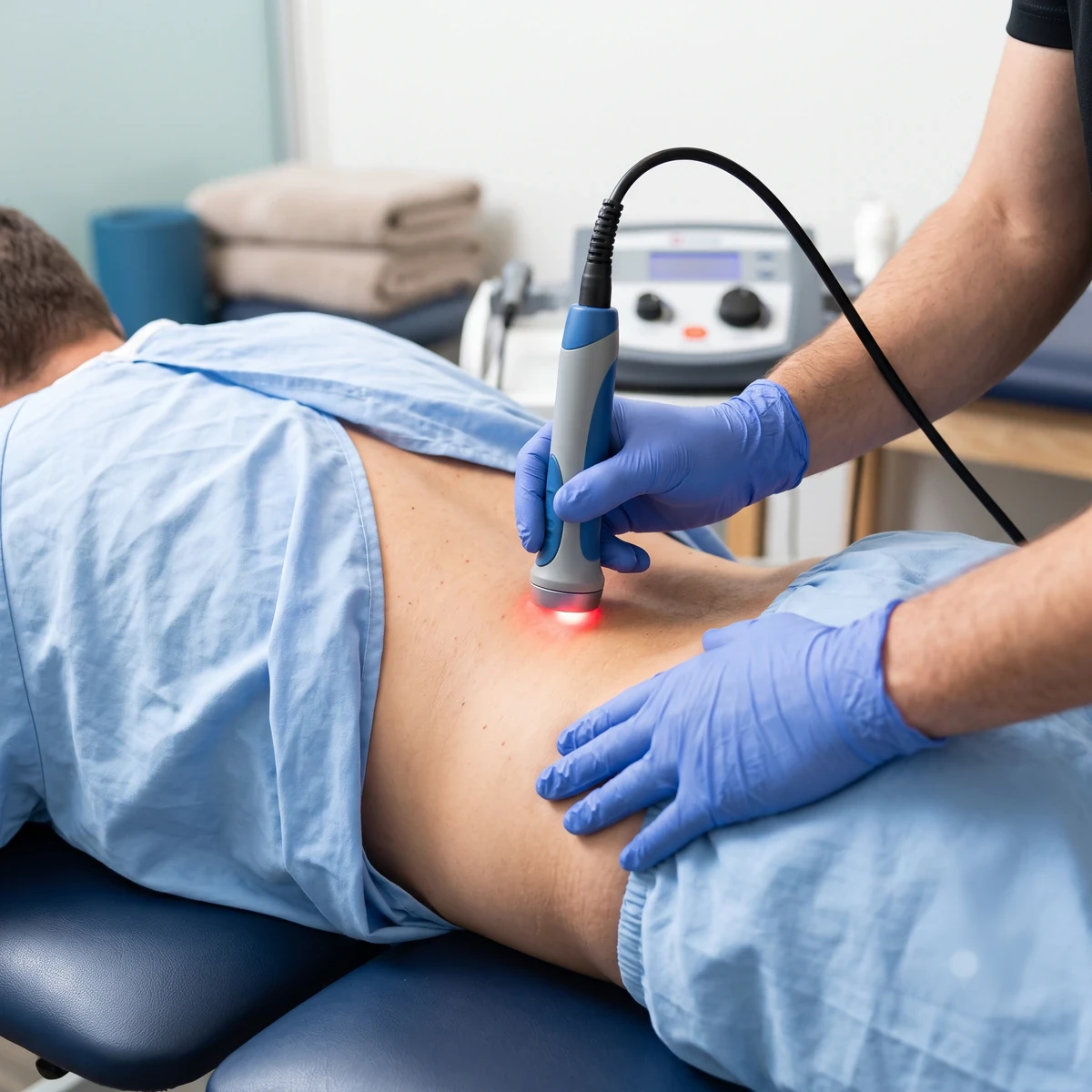 Therapeutic laser therapy applied to a patient's back